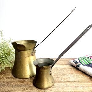Vintage Brass Coffee Melting Pots 12 oz & 4 oz Rustic Patina Farmhouse Set of 2